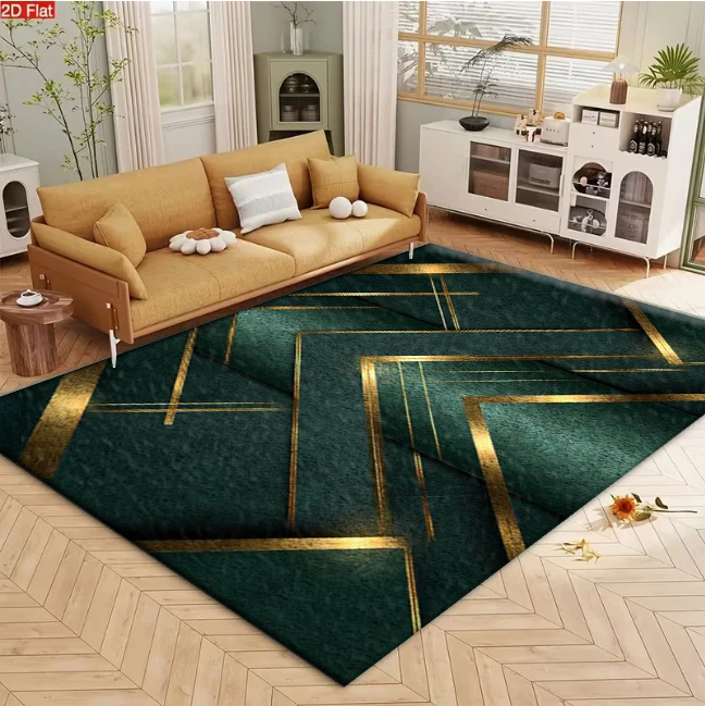 Dark Green Gold Chevron Geometric Luxury Area Rug Art Deco carpet flooring for Living Room Office Home Decor