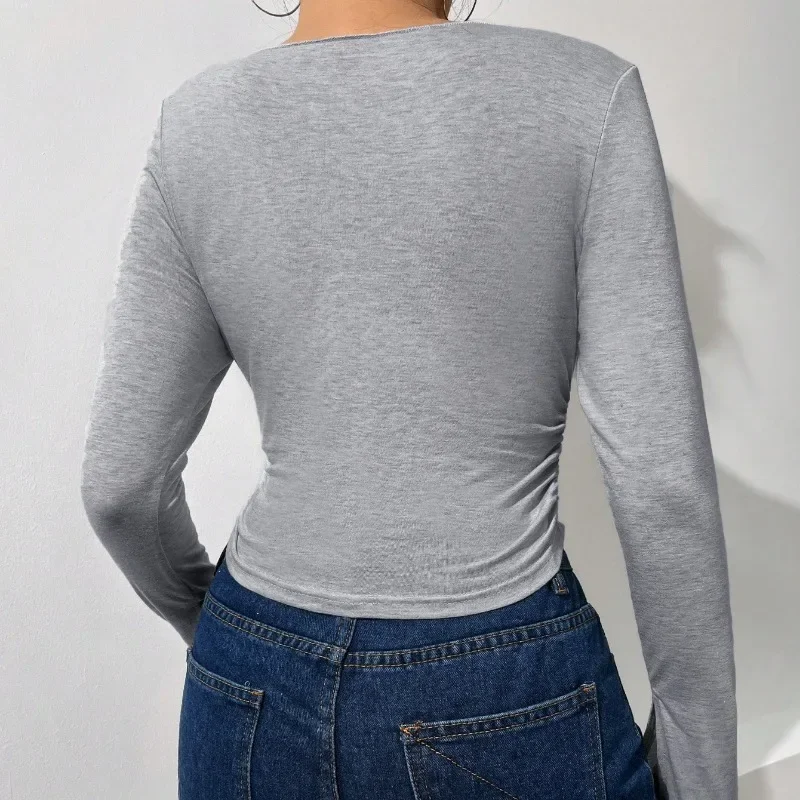 Fashion Women's Clothing Autumn/winter Sexy Large V-neck Slim Fit Short Pleated Flared Sleeves Long Sleeved T-shirt Top YSQ39