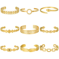 No Fade Color Stainless Steel Geometric Bangles For Women Men Fashion Gold Color Adjustable Cuff Bracelet Party Girl Jewelry