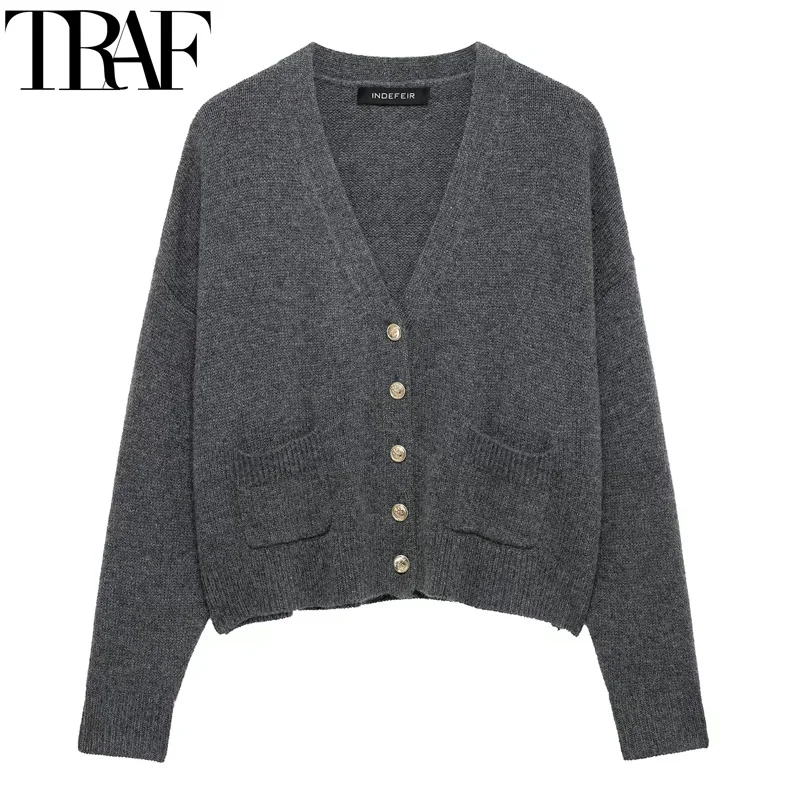 TRAF New Knit Outerwears Long Sleeve Bolero Womens Cardigan Jackets Short Sweaters Knitted Cardigan V Neck Loose Gray Cardigan