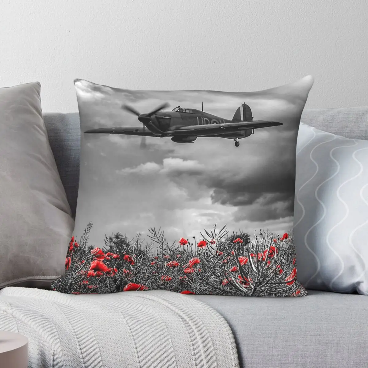 Hawker Hurricane Over Poppies Pillowcase Polyester Linen Velvet Printed Decorative Throw Pillow Case Sofa Cushion Cover 45x45