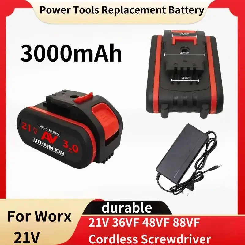 18/21V 3000mAh Rechargeable Lithium Ion Battery For Worx 21V 36VF 48VF 88VF Cordless Screwdriver Power Tools Replacement Battery