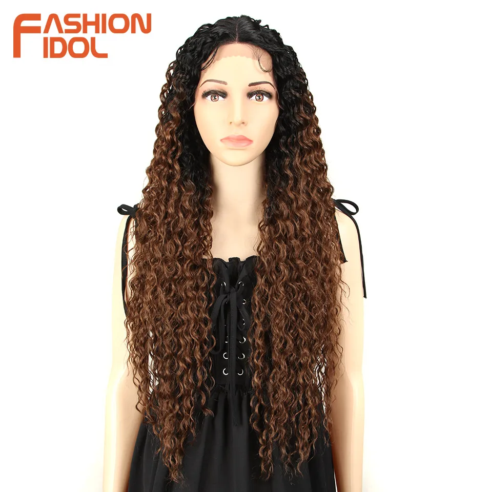 FASHION IDOL Lace Wig Synthetic 30 Inch Super Long Kinky Curly Hair Wig Ombre Blonde Loose Deep Wave Wigs Heat Resistant Fiber