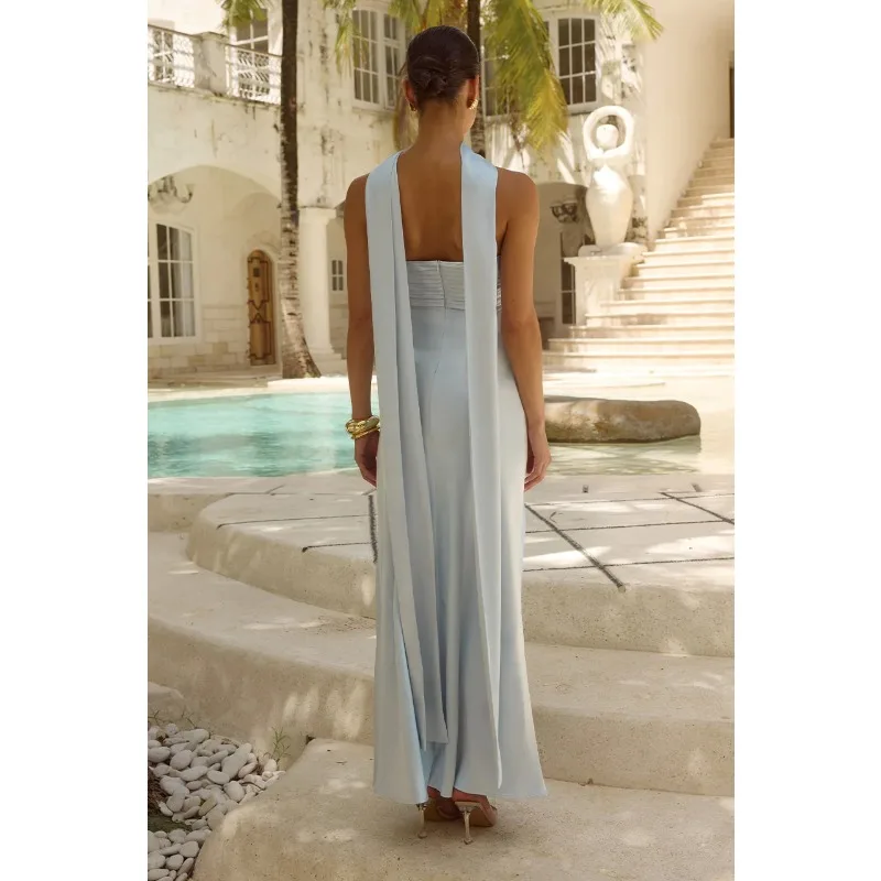 Abito da cocktail elegante da donna in tubino di raso Abito lungo da sera a sirena con spalle scoperte increspato per celebrità con nastro