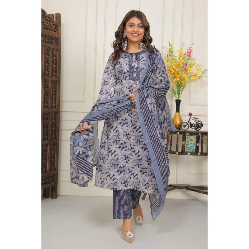 

Cotton Fabric Kurta Palazzo with Dupatta Set Women Salwar Kameez Suit Kurti Pant