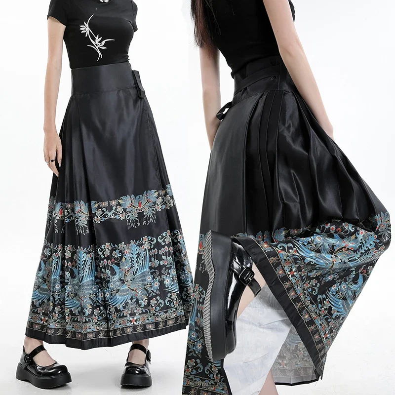 

Chinese Style Lace Horse Face Skirt Black Fashion Floral Hanfu Pleated Skirt Retro Swing Chivalrous Female Long Bustier Skirt