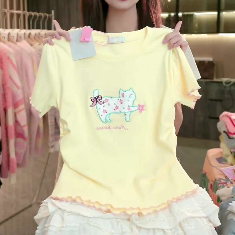 Harajuku Y2k Sweet Crop Top Women Japanese Kawaii Cute Cartoon Cat Print T-shirt Lolita Style O Neck Ruffles Short Sleeve Tees