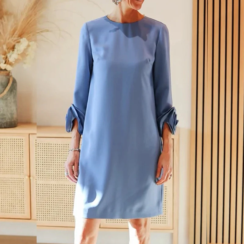 Mode woon-werkverkeer effen feestjurk dames elegante o-hals losse rechte jurk casual 9-punts mouw bloem patchwork korte jurk