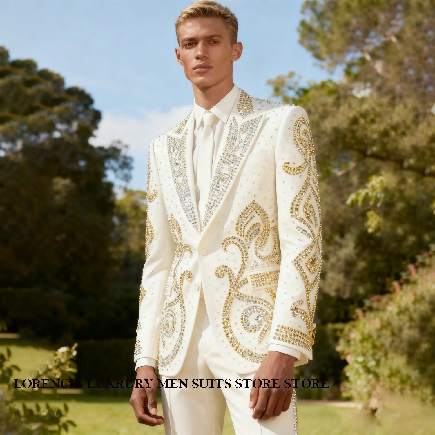 

Customized Luxury Sparkle Gem Crystals Men Suits Slim Groom Wedding Tuxedo High End Costume Homme 2 Pieces Male Party Blazers