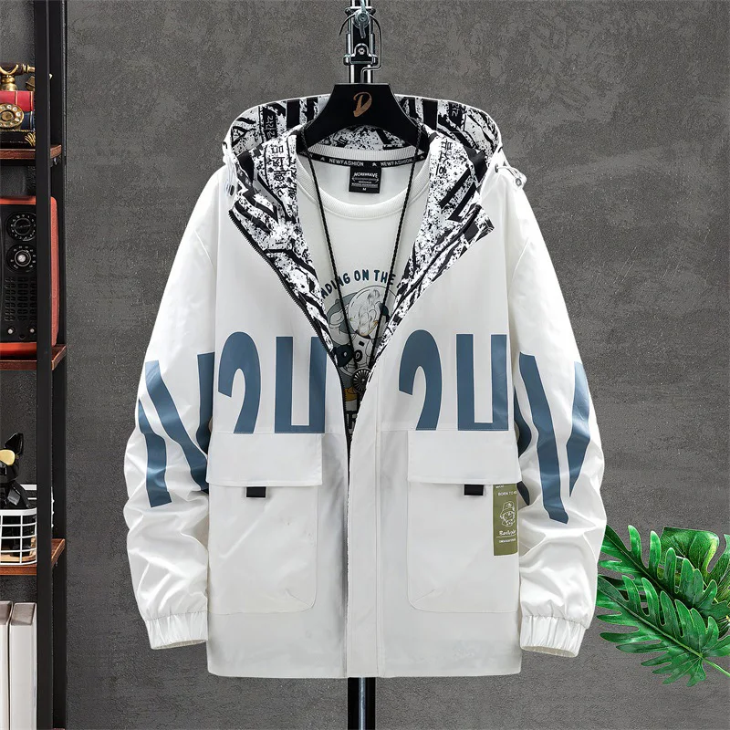 Plus size men's hooded jacket 8XL spring autumn workwear jacket casual loose big size tops men Patchwork white jacket 7XL 6XL