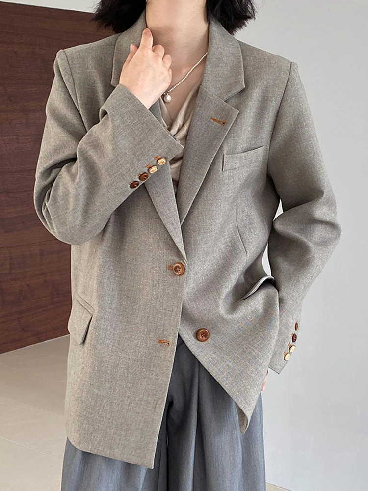 YERMORA 여성용 그레이 버클 브리프 캐주얼 블레이저 옷깃 긴 소매 느슨한 새로운 하이 엔드 자켓 패션 조수 봄 가을 2025