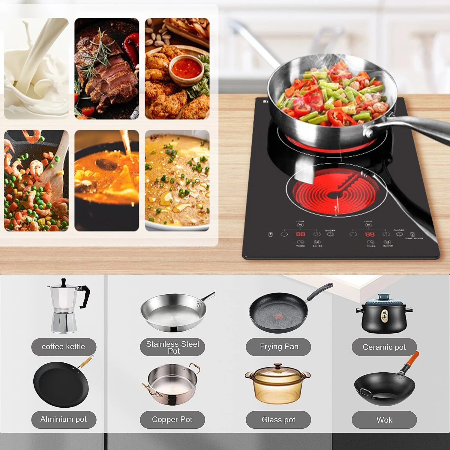 Karinear 2 Burners Electric Cooktop, 120v Plug in Ceramic Cooktop, 12 Inch Countertop & Built-in Electric Stove Top with Child S