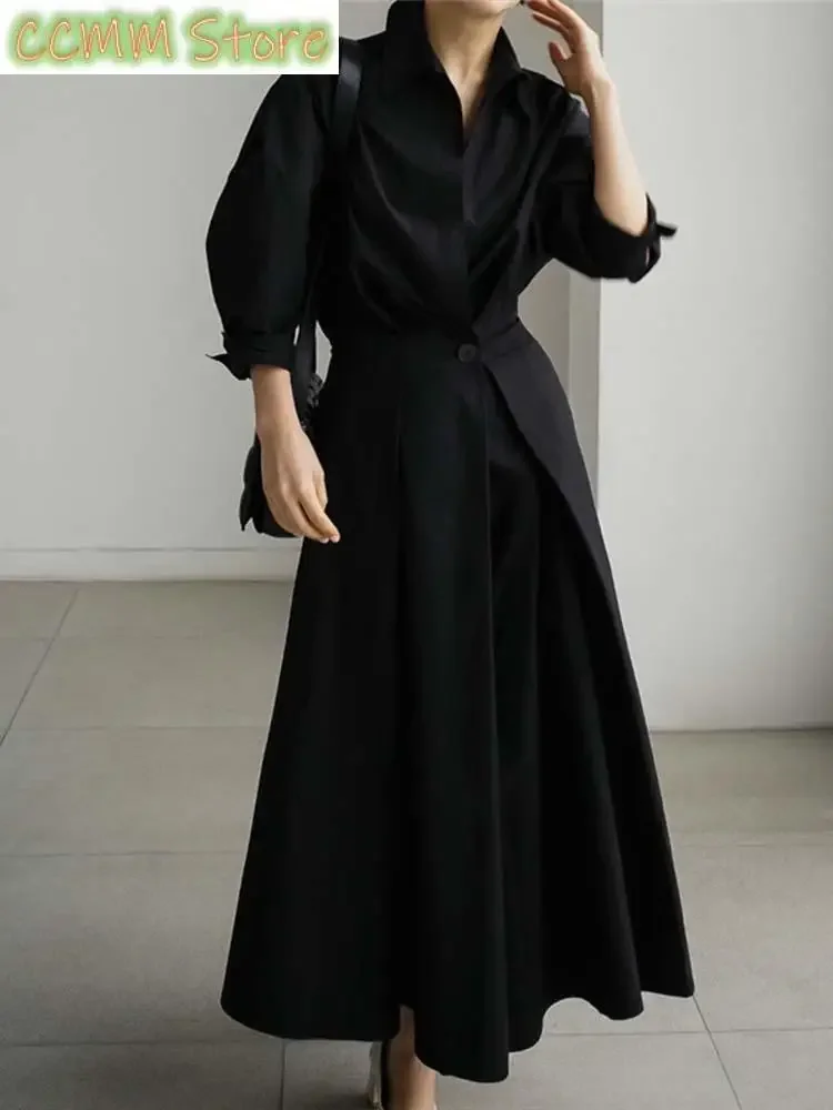 

Women Beige Pleated Long Big Size Elegant Dress New Lapel Long Sleeve Loose Fit Fashion Tide Spring Autumn