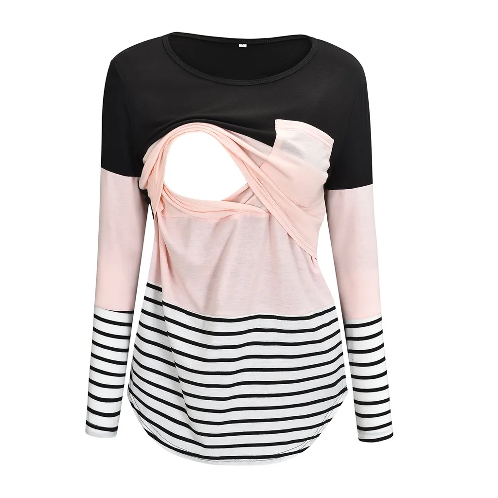 Mode Schwangere Frauen Nähte Farbe Stillen Pflege T Shirts Beiläufige Lose Langarm T Tops Für Mutterschaft – Detail 14