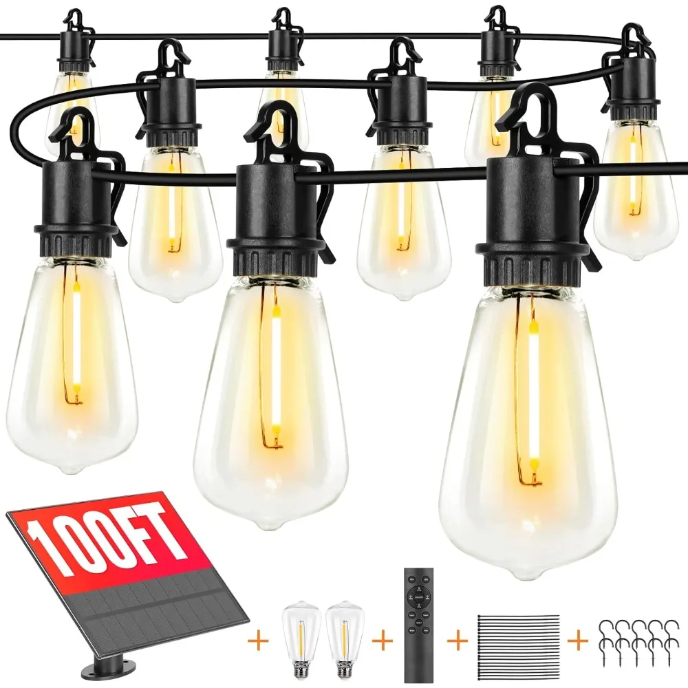 100피트 야외 태양광 스트링 조명(깨지지 않는 전구 32개 및 리모컨 포함)