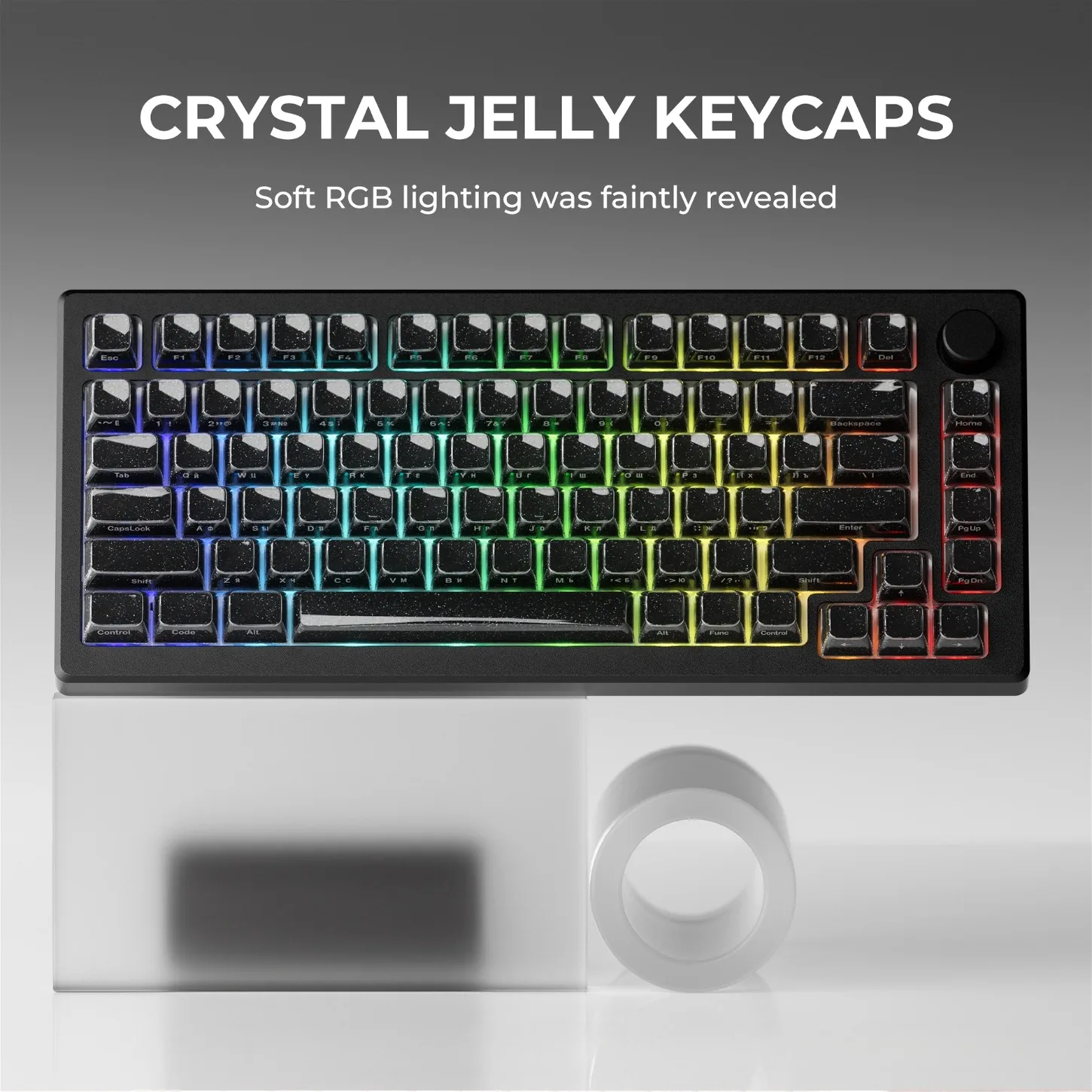 

Black Crystal Jelly 136 Keys PBT OEM Side Printed Glitter Keycaps for Mechanical Keyboard