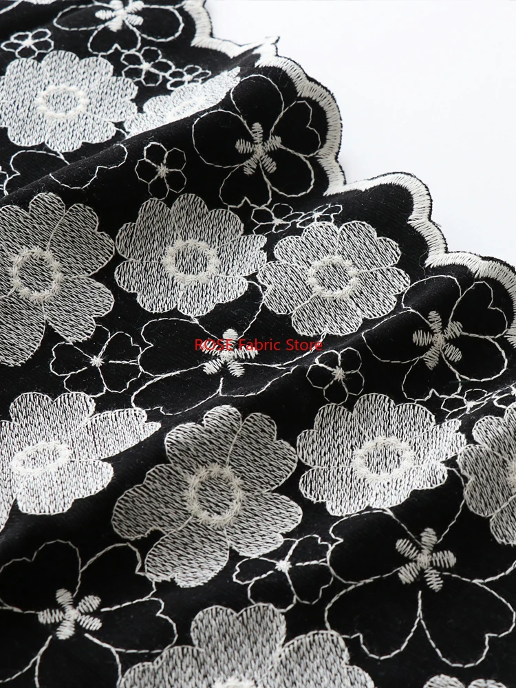 White Flower Embroidered Black Corduroy Fabric for Spring Jackets, Shirts, Dresses, and Children's Clothing DIY Sewing Projects