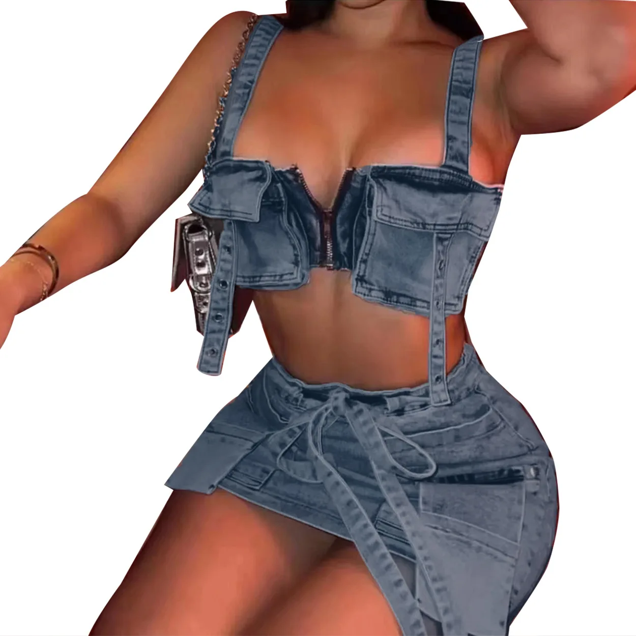 Imagem -06 - Conjunto de Saia Jeans e Vestido de Bolso Feminino Streetwear Y2k Roupas de Peças Roupas de Inverno Moda 2023