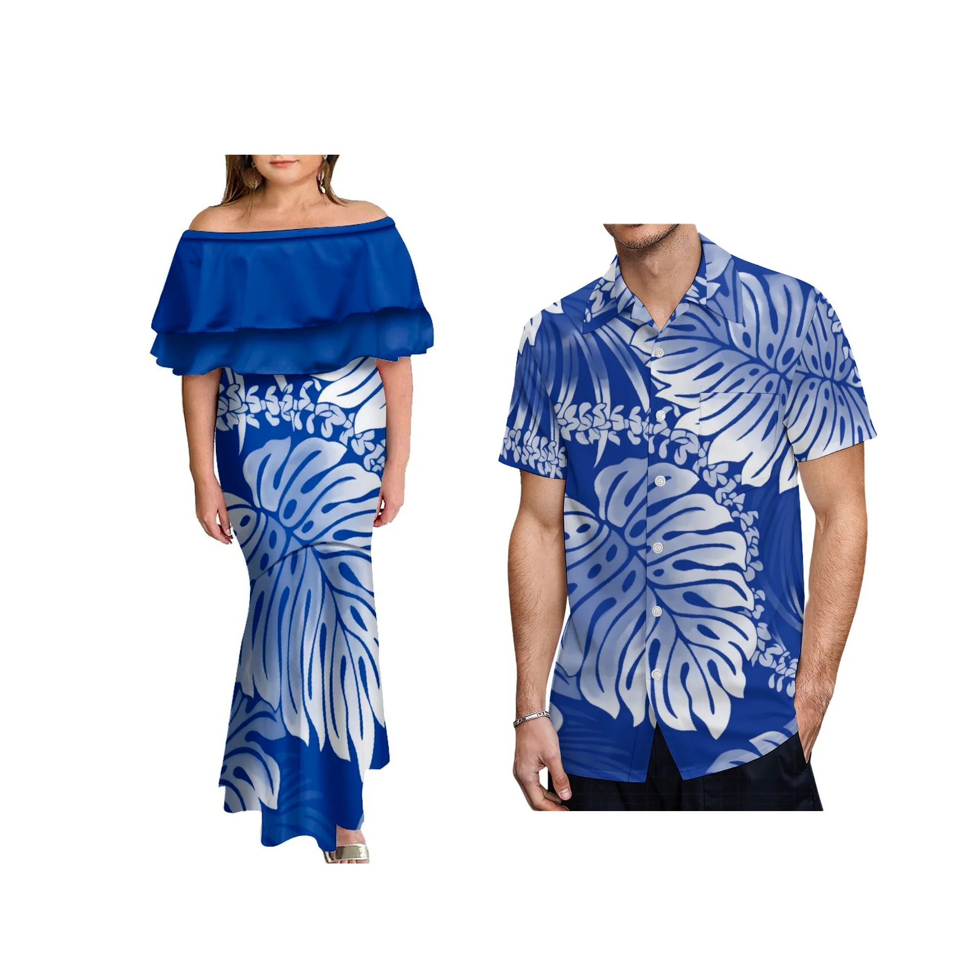 New Arrivals Big People 7XL Women's  Print Fishtail Dresses Polynesia Design Double Frill Off Shoulder Mermaid Dress