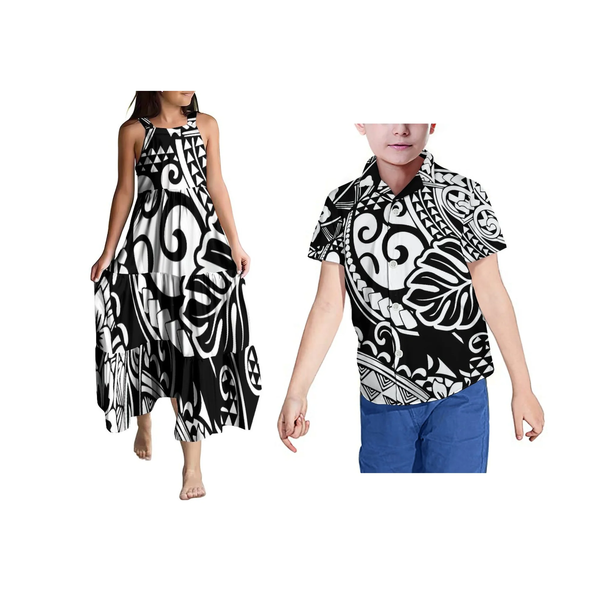 Novo personalizado havaí impressão verão vestido de praia meninas sem mangas em camadas vestido samoan isalnd design crianças vestido estilingue