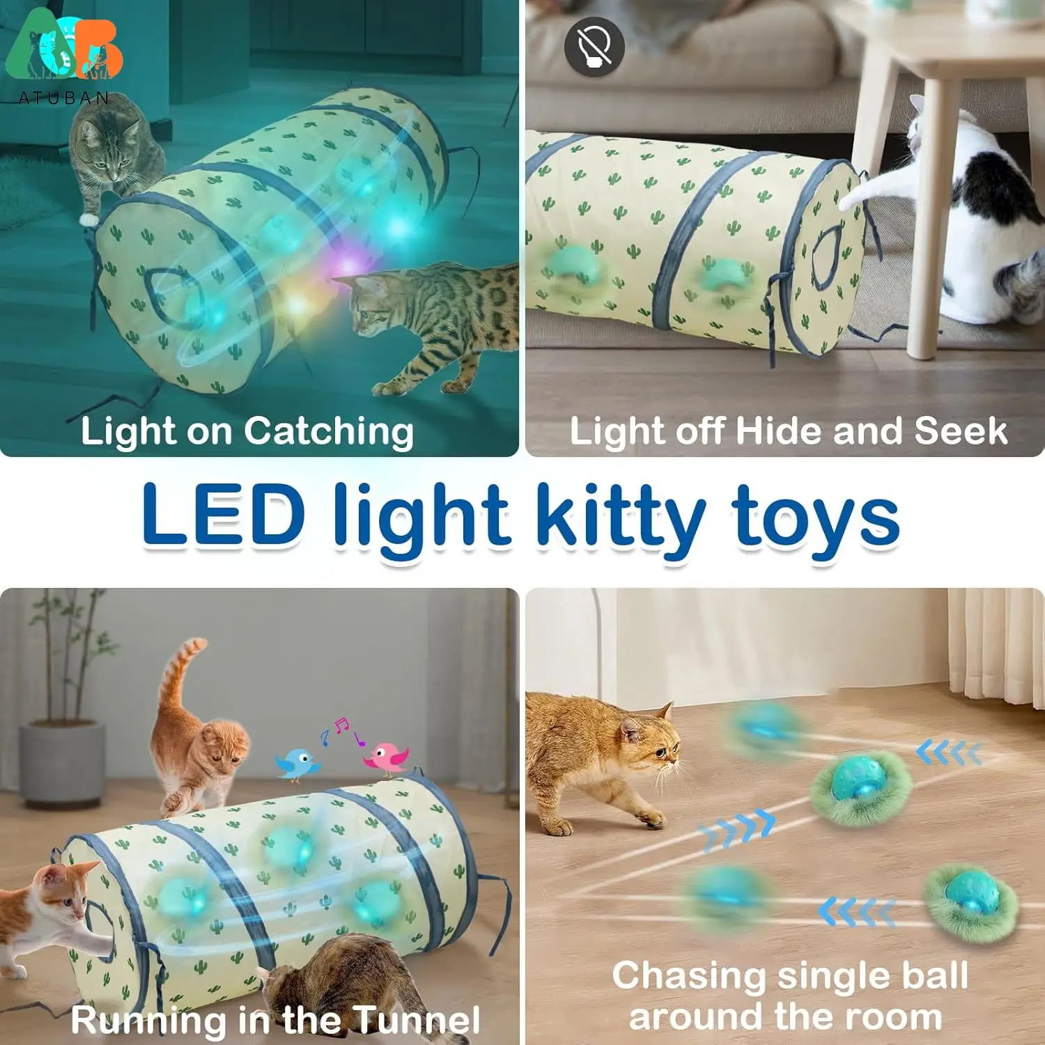 ATUBAN-Interactive Cat Tunnels with Automatic Ball,Glowing Chase, Motion Activated, Interactive Cat Toy, Cave Gaming