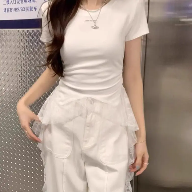 레이스 리본 반소매 티셔츠 여성용 여름 새로운 불규칙한 허리 슬림 탑