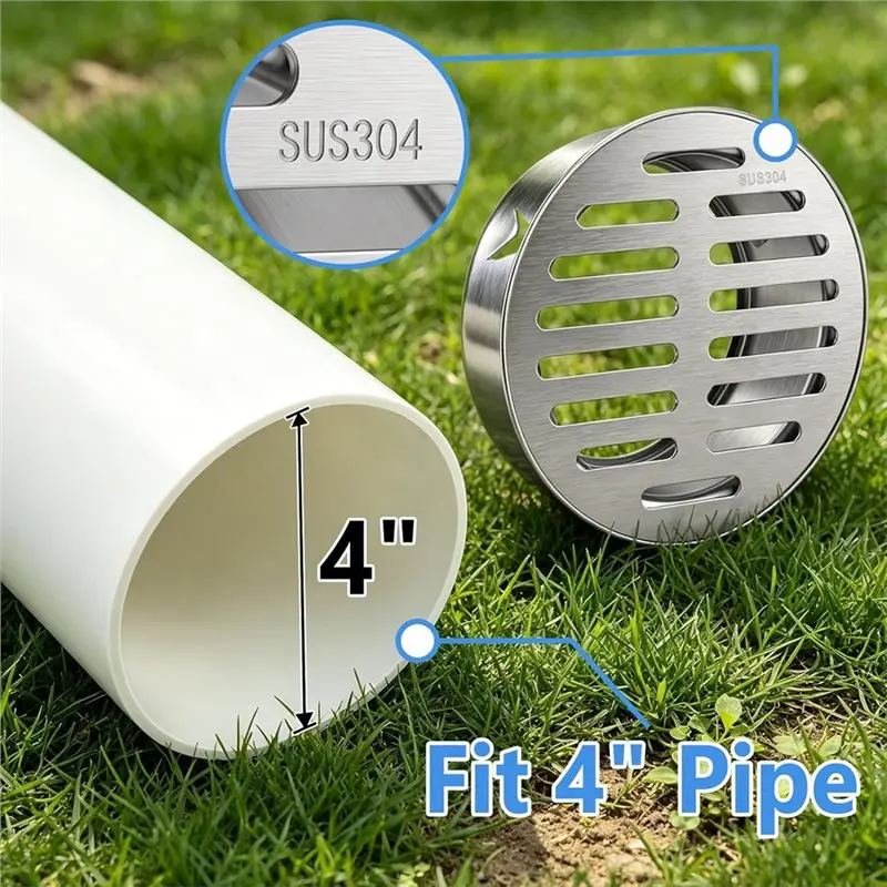 A93E-Round Heavy Duty Floor Grate-For Horizontal Pipe Drainage System With 4 Inch 304 Stainless Steel Drain Cover& Adjustable Cl
