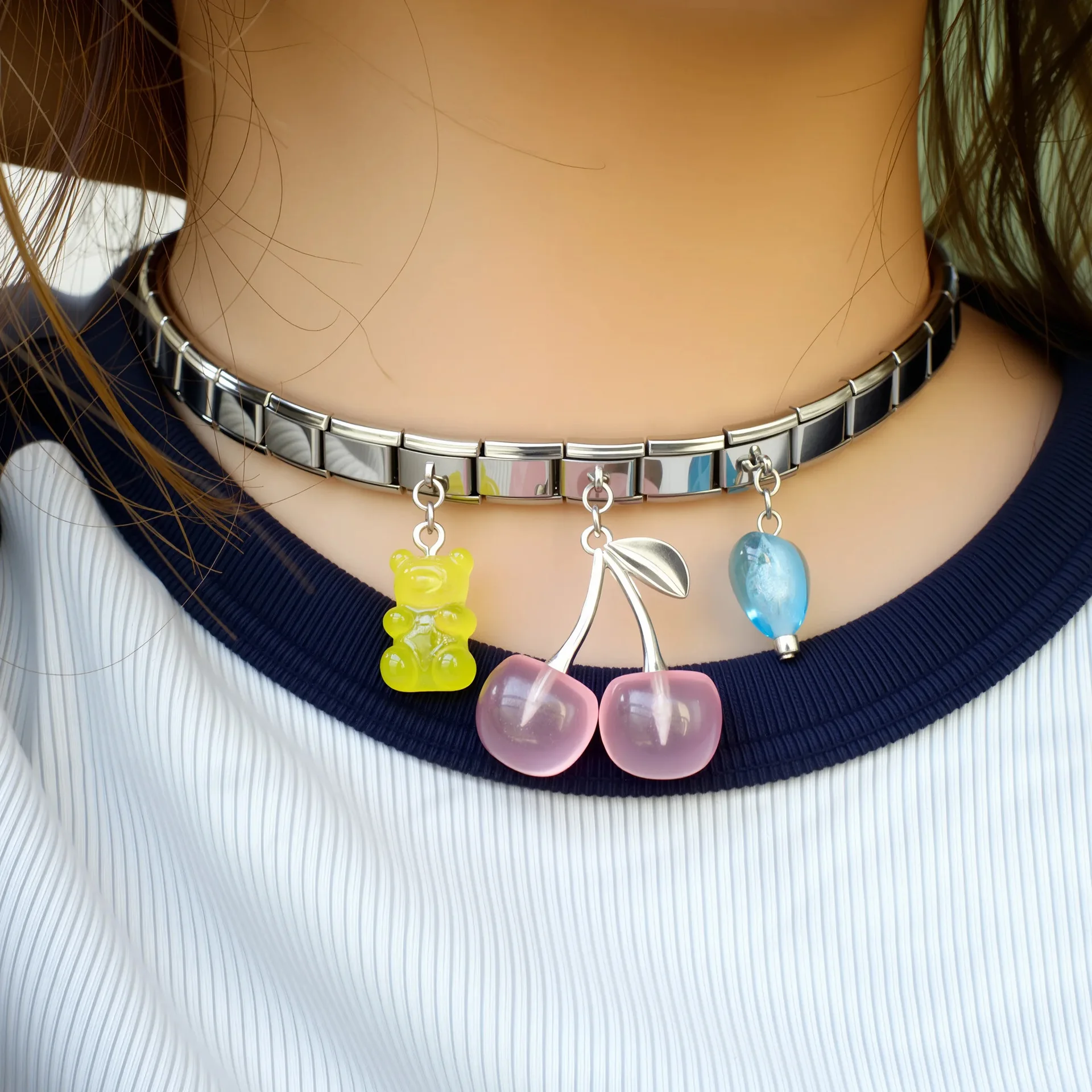 2026 Fashion Cute Gummy Bear Cherry Teardrop Italian Charm Necklace Fit 9MM Stainless Steel Choker Jewelry DIY Making Gifts