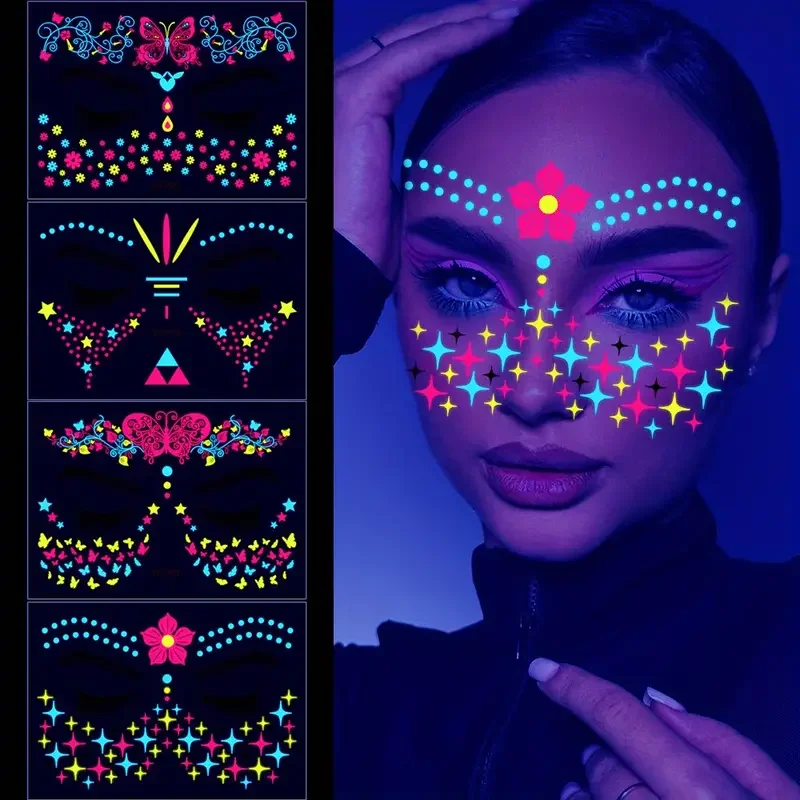 

Halloween Neon Tattoo Sticker Fluorescent Butterfly Face Decals Waterproof Luminous Makeup Temporary Tattoo for Masquerade Party