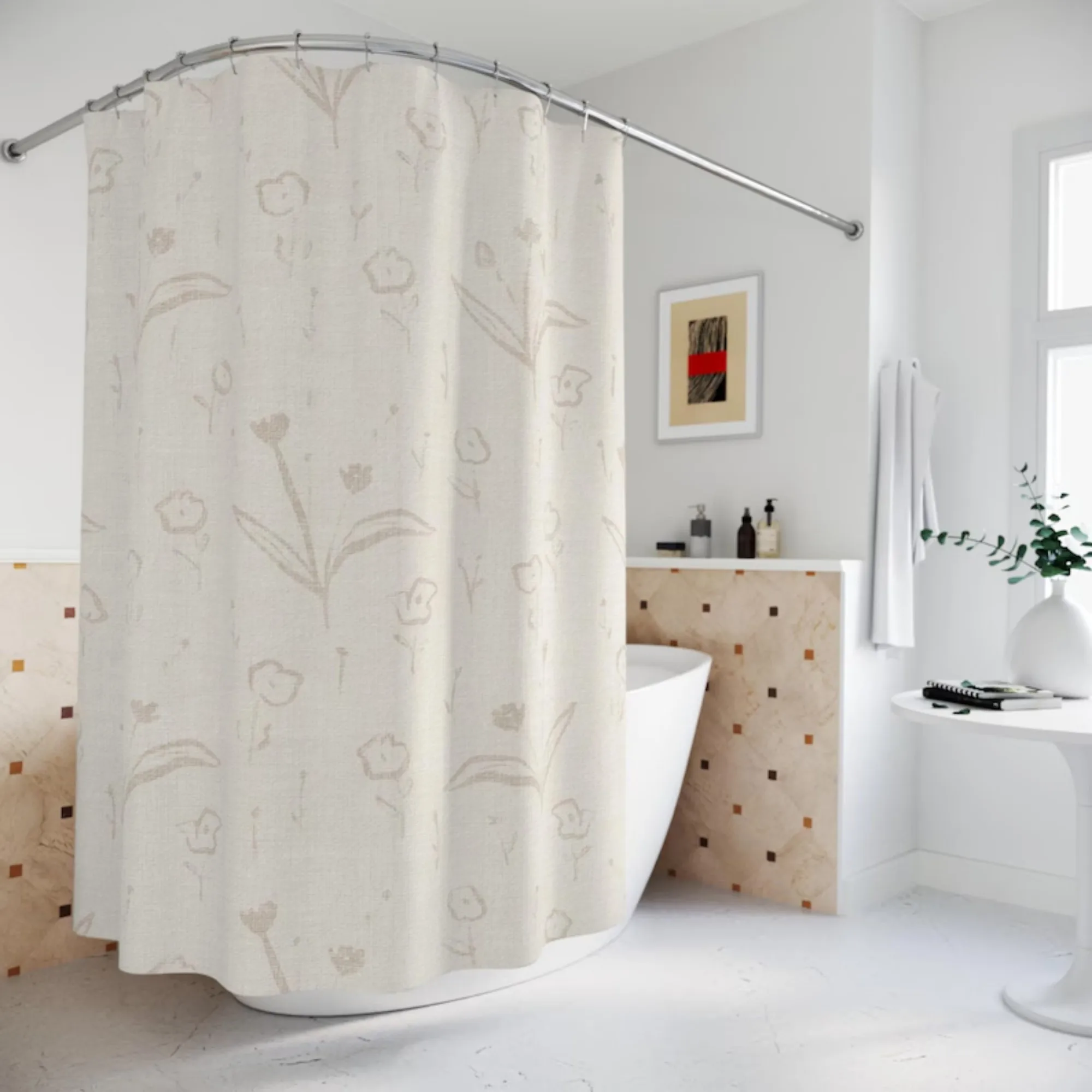 Beige Floral Shower Curtain Linen Style Botanical Pattern Waterproof Bath Curtain Minimalist Bathroom Decor Home Accessory