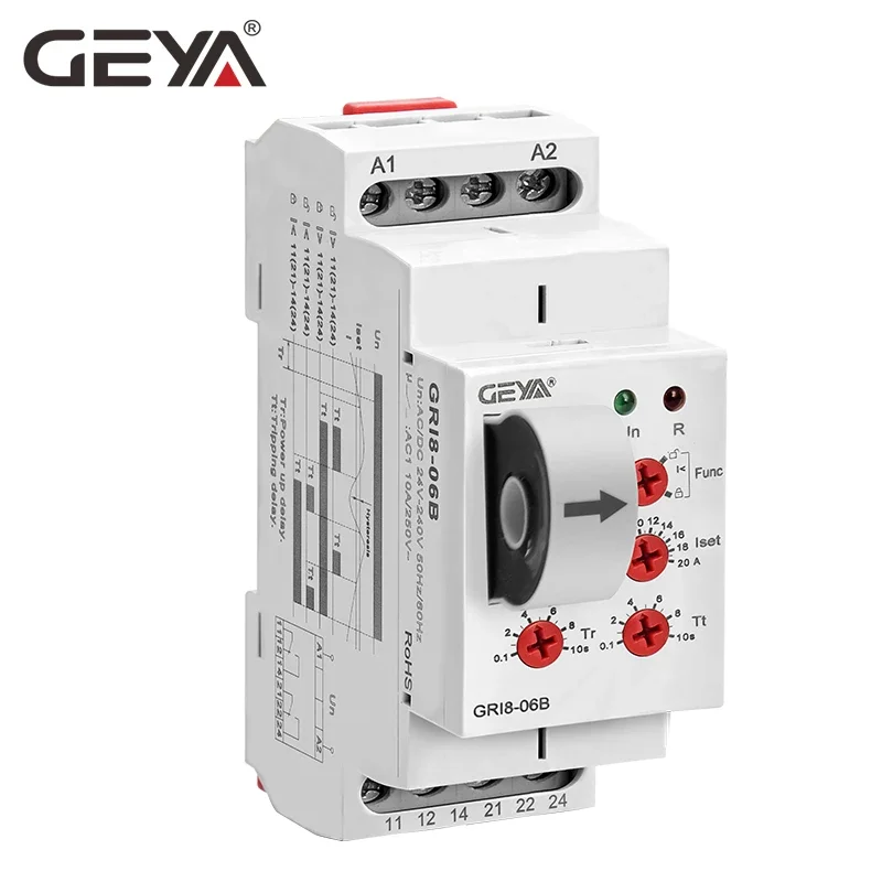 GEYA GRI8-06 DC Current Monitoring Relay Overcurrent Undercurrent Sensor 2SPDT 8A Current Testing Relay AC/DC24V-240V 2NO2NC