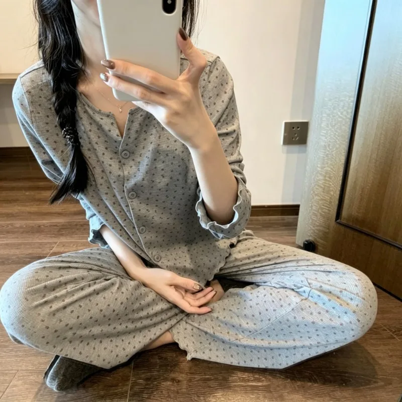 Women Pajamas Set 2-Piece Outfit Cute Tiny Strawberry Print Notched Round Neck Autumn Soft Sleepwear Home Loungewear For Ladies