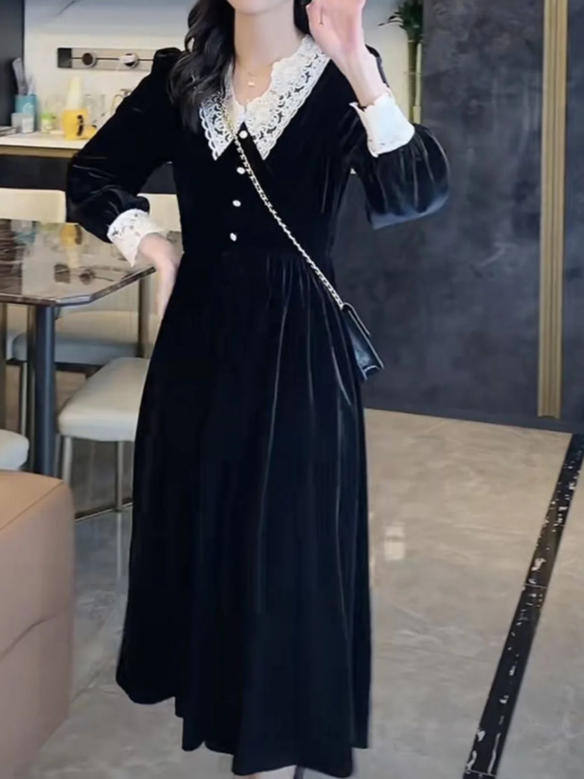 Gold Velvet Lace Women's Dr Slimming High Waist A-Line Skirt Long Sve V-Ne Commute Sle Polyester Fiber Autumn Wear