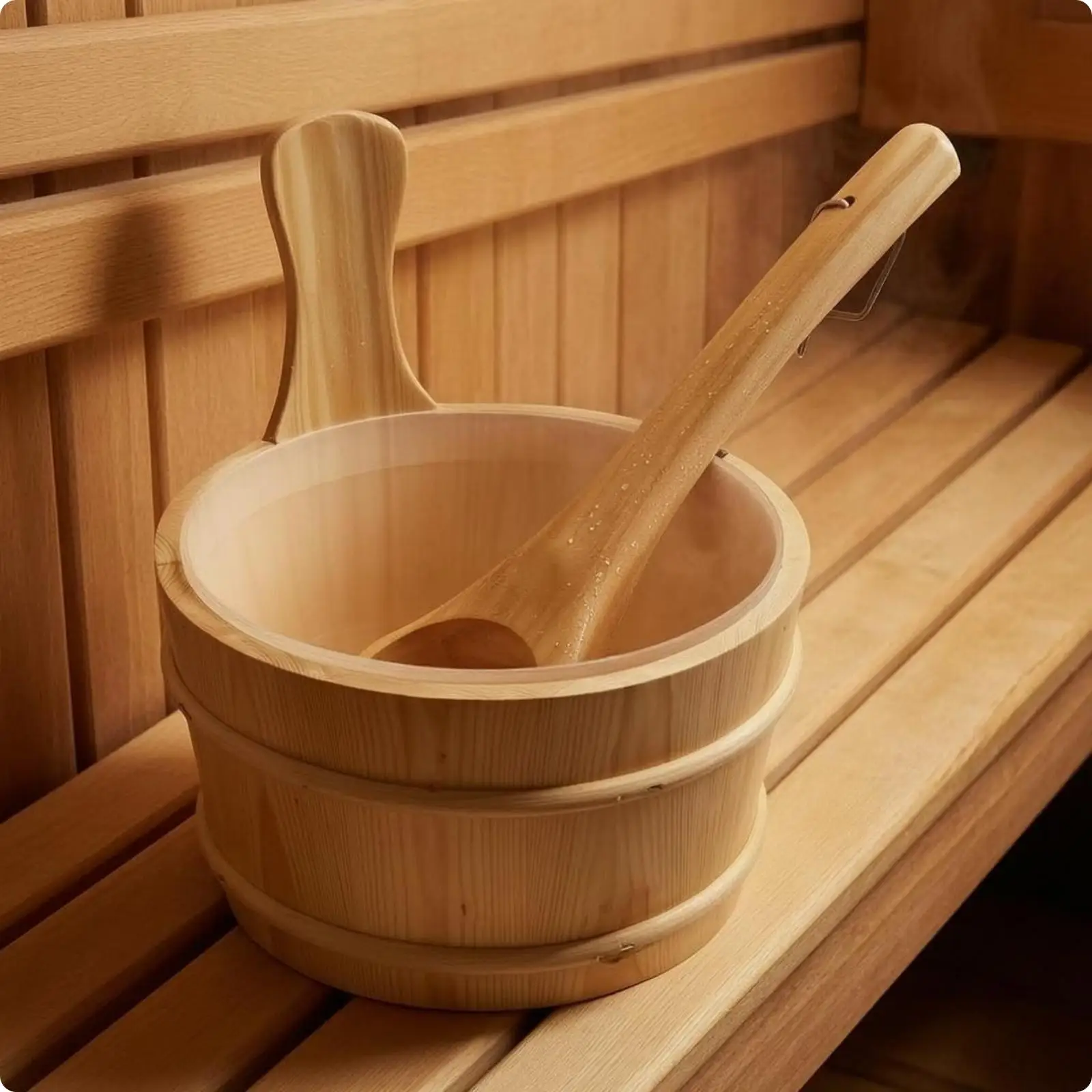 Cubo de agua para sauna de madera de abeto con banda reforzada, juego de cubo y cucharón, con tapa de apertura amplia, para sauna