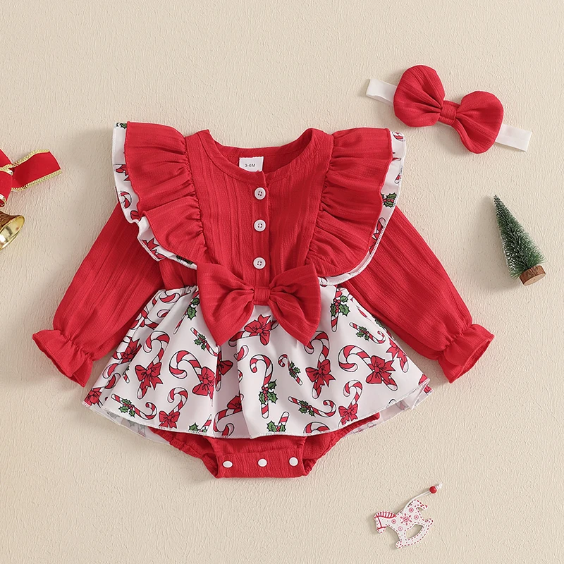 Baby Girls Christmas Outfits Ruffle Long Sleeve Bow Romper with Headband 3 Pieces Set Newborn Clothes