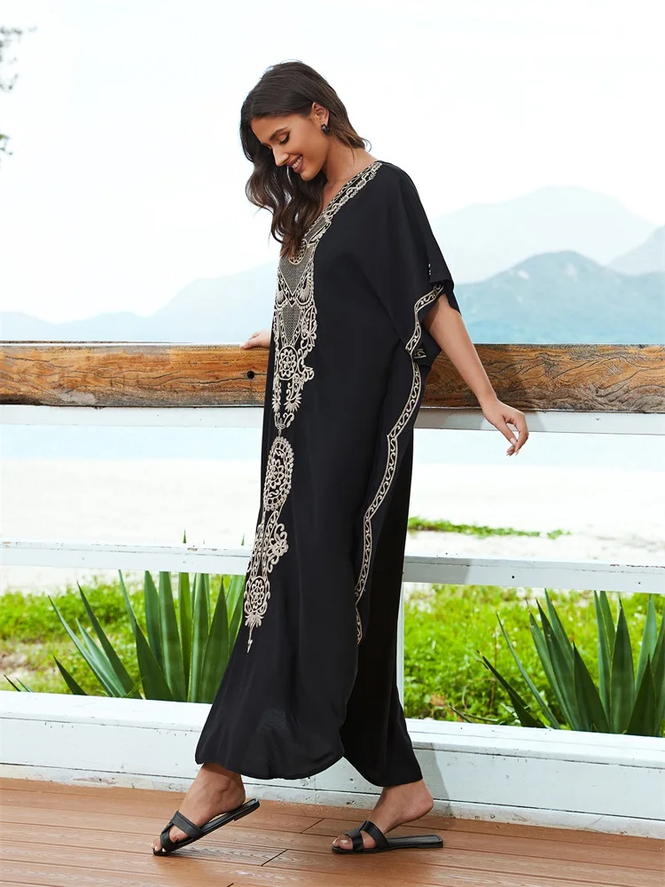 Casual do haftu z nadrukiem dekolt w szpic rękaw w kształcie skrzydła nietoperza Oversize Kaftan 2024 kobiet letnia sukienka plażowa Maxi Plus Size