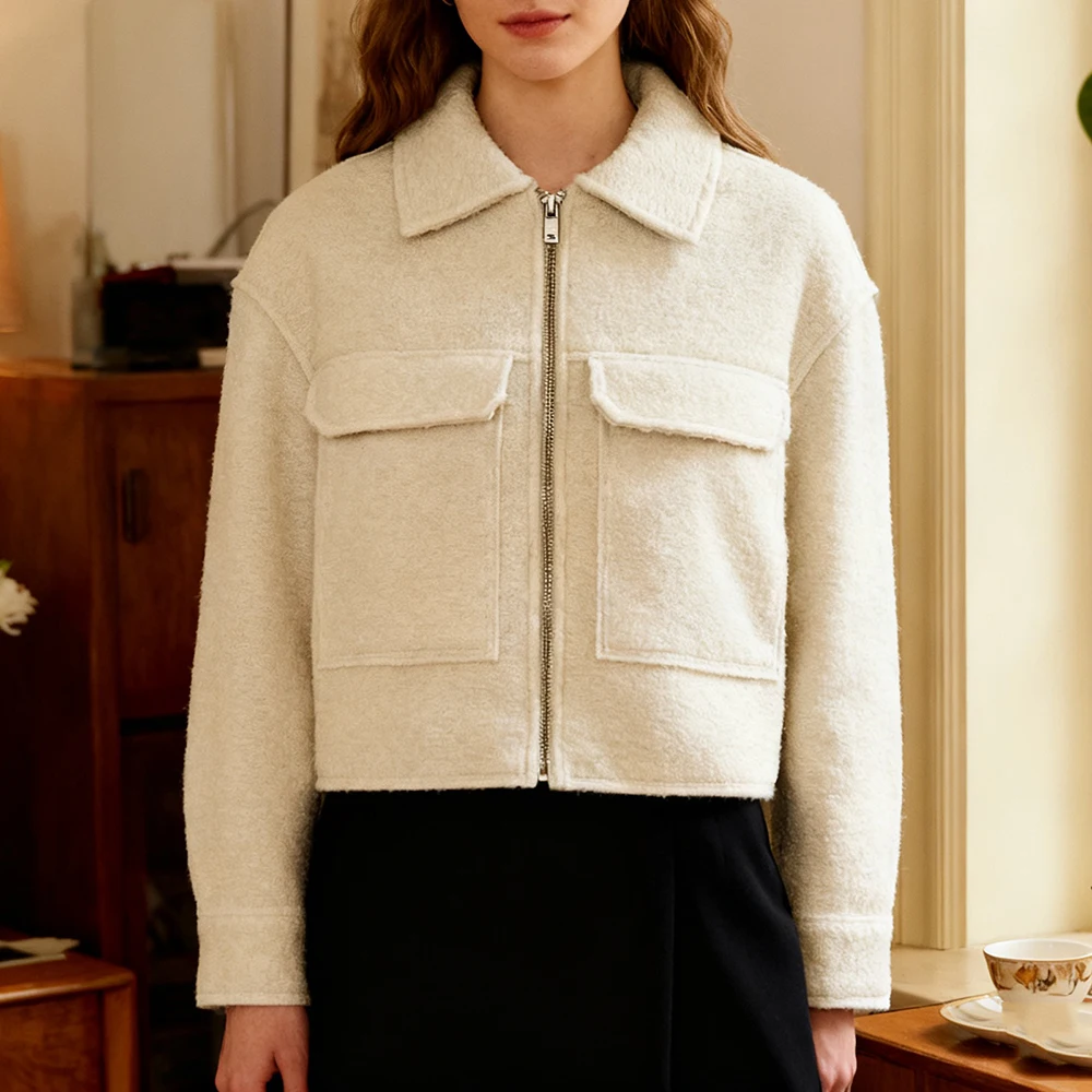 

2025 Fashion Women Fleece Cropped Jacket Winter Autumn Lapel Collar Long Sleeves Coat Tops Female Chic Lady Casual Short Outwear