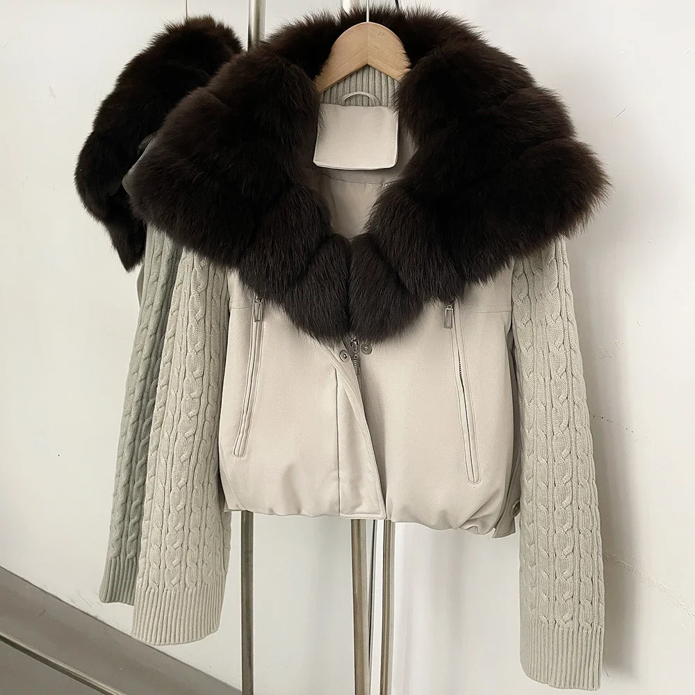 OFTBUY Gestrickter Ärmel mit Reißverschluss und Kordelzug am Saum, kurzer Mantel, 90% weiße Entendaunenjacke für Damen, gemütlich warm für den Winter, mit echtem Fuchspelzkragen. – Detail 5
