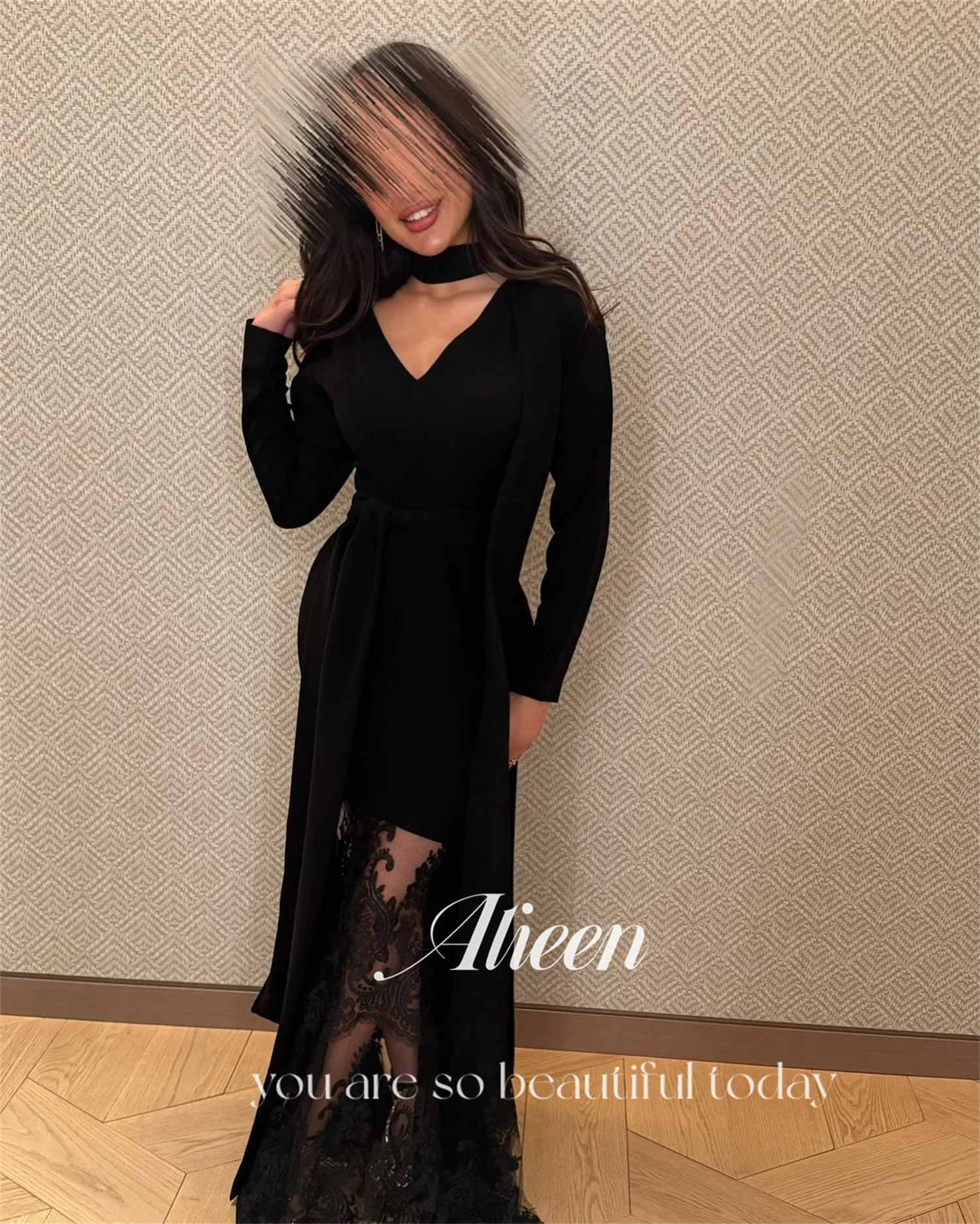 Aileen Zwarte Luxe Avondjurken voor Dames 2025, Luxe Aangepast فسات Mohamed 1914 Kant Vestidos De Festa Lange Mouwen Jurk Gala