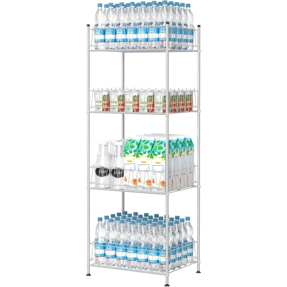 4 Tier Water Bottle Storage Rack Metal Organizer for Floor, Free Standing Bottled Holder Stand Beverage Pantry Drink Shelf