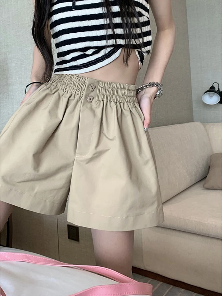 

Korean Elastic High Waist Shorts Women Double Button Wide Leg Summer Shorts Woman Solid Color Loose Short Pants Female