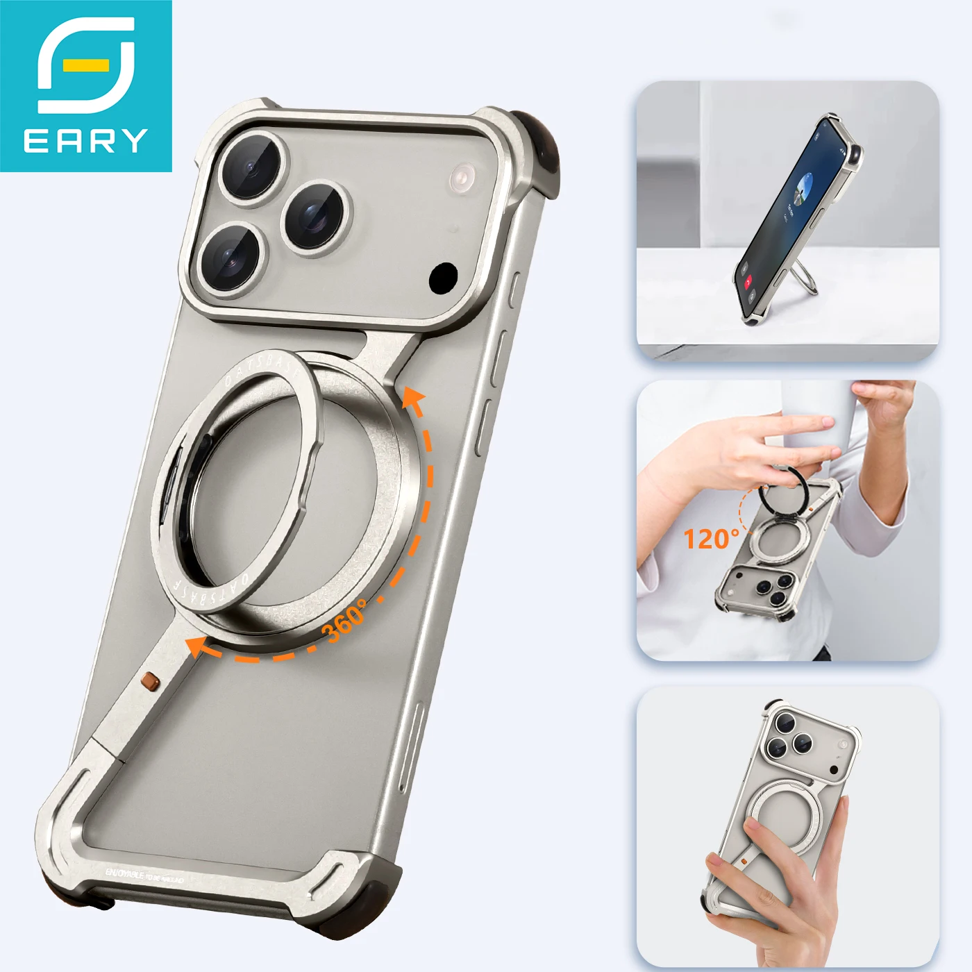

Минималистичный чехол для телефона Eary для iPhone 17 Pro Max 17 Air 360 ° Поворотная подставка, алюминиевый металлический безрамный защитный противоударный бампер