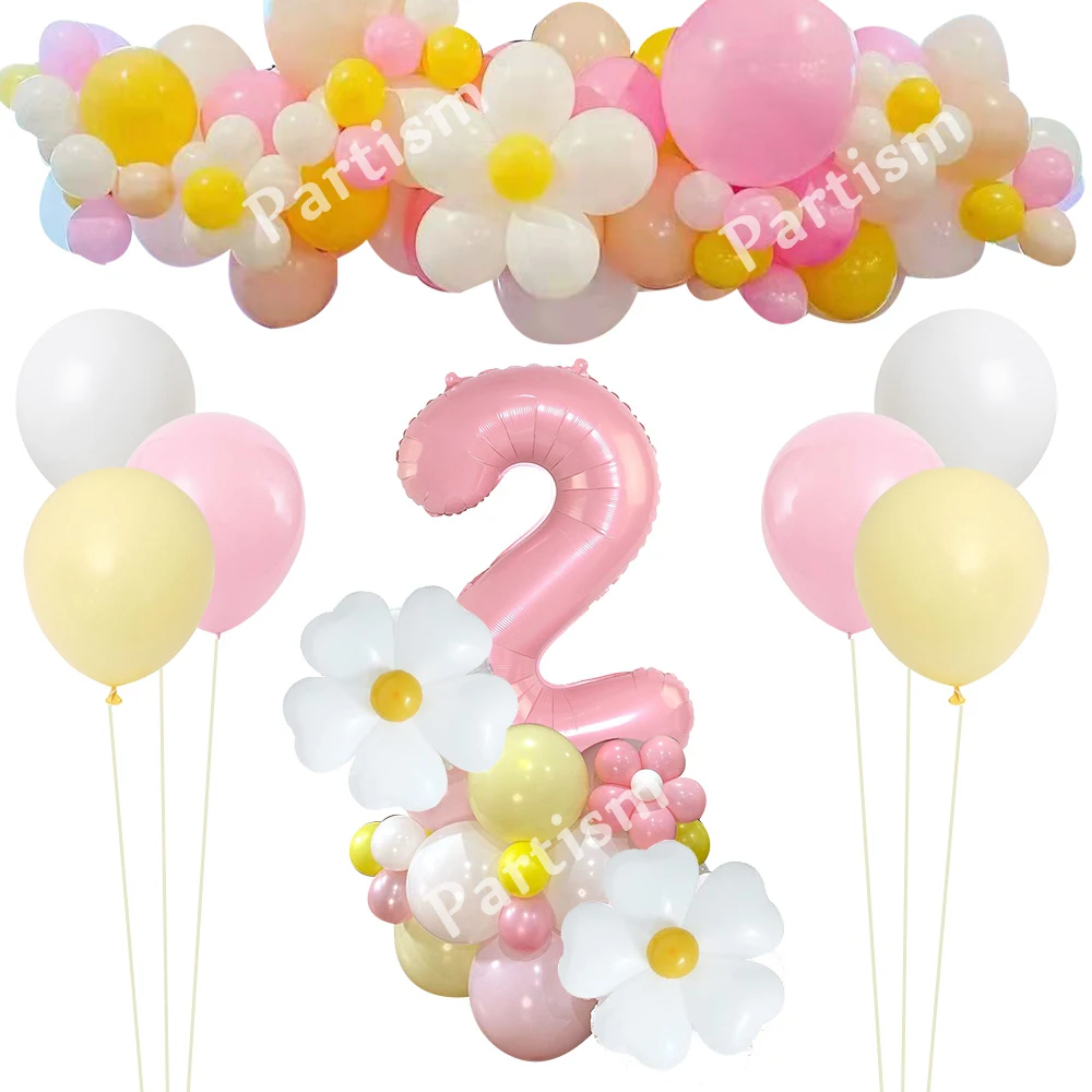 1set Daisy Flower Balloons Tower with 32inch White Number Balloon Adult Kids Happy Birthday Party Decoration DIY Party Supply