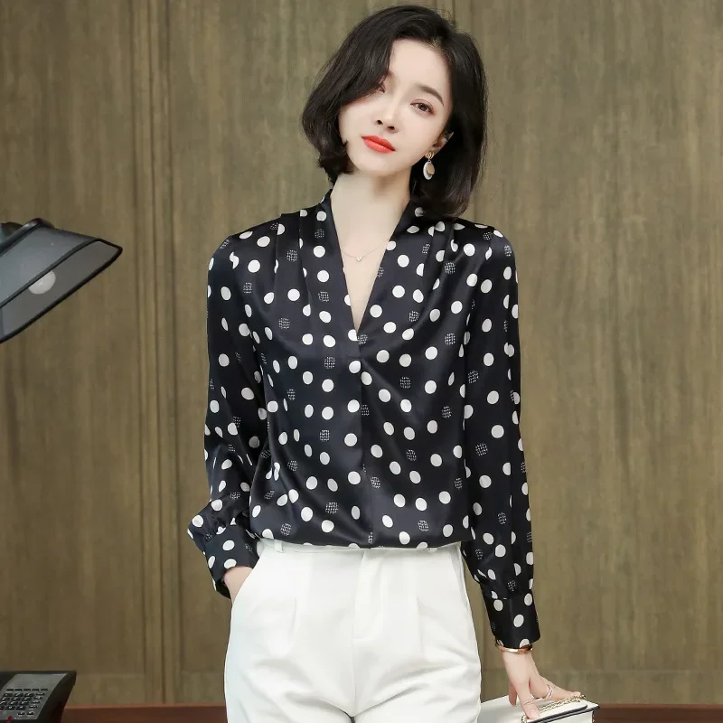 91.8% Silk 8.2% Spandex Polka Dotted Shirt 2023 New Autumn Versatile V-Neck French Long Sleeve Women's Blouse T30531QC