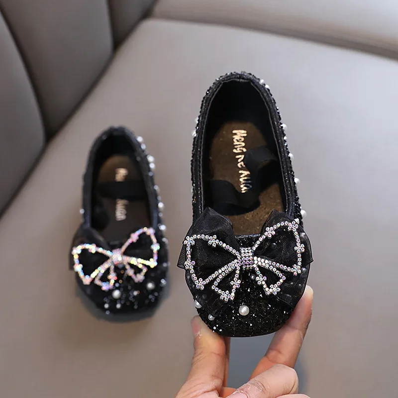 Girls Princess Shoes Glitter Luxury Party Shallow Children Ballet Flats 21-36 Elastic Band Fashion Lace Bowknot Kids Dance Shoes