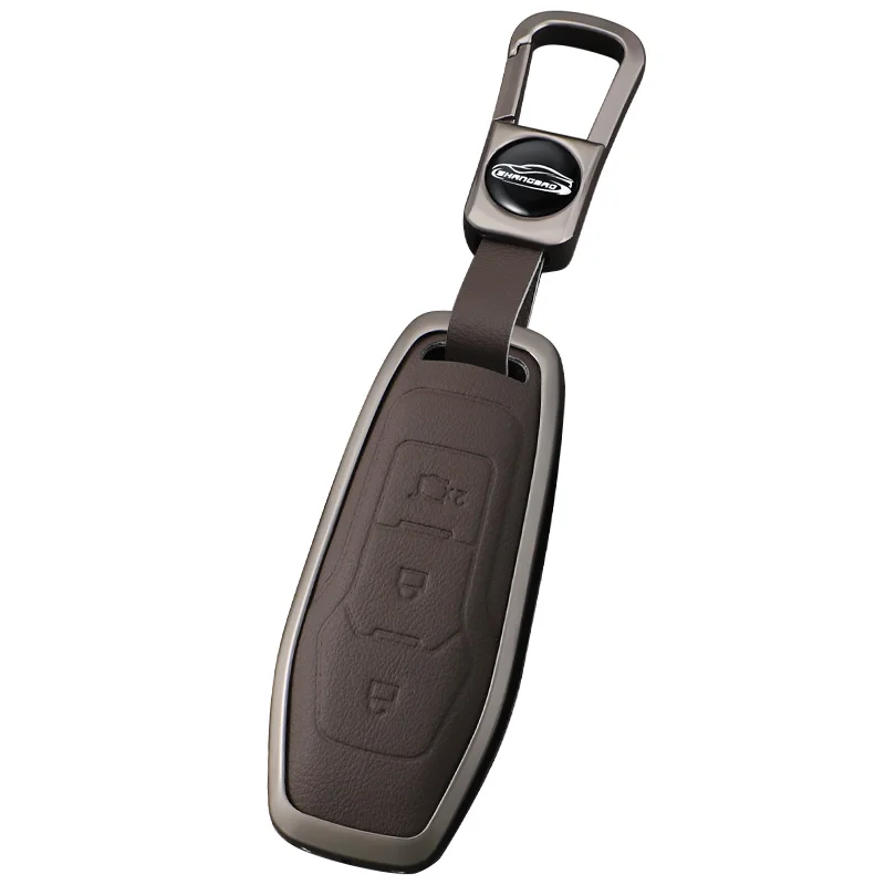 High-Quality Zinc Alloy Leather Key Fob Case for Ford Mondeo Edge 3-Button Smart Car Remote Key Cover with Keychain