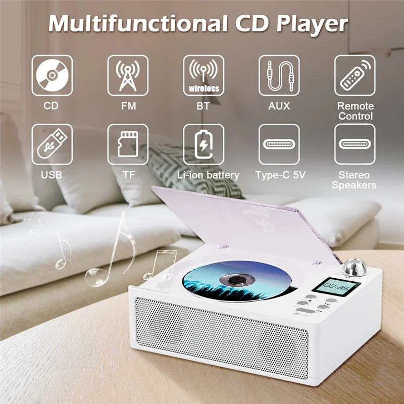 ABSY Pemutar CD Retro Portabel Bluetooth dengan Kualitas Suara Hifi, Speaker Ganda, Mendukung USB/Kartu TF/FM