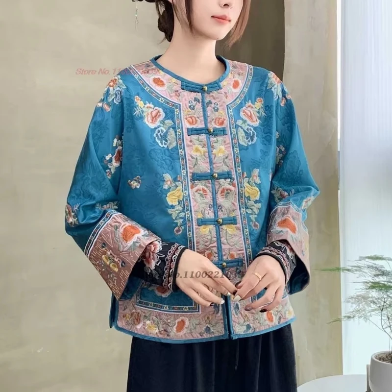 

2026 chinese vintage coat traditional hanfu tops national flower embroidery satin jacquard o-neck jacket ethnic vintage coat