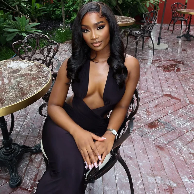 우아한 블랙 홀터 맥시 드레스 여성 딥 V넥 슬리브리스 백리스 바디콘 루슈 슬림핏 가운 나이트클럽 이브닝 파티웨어