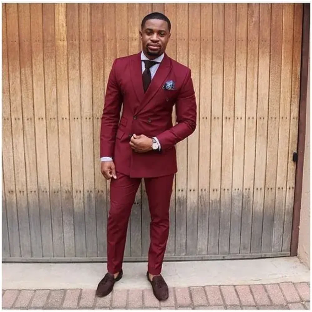 

High Quality Burgundy Mens Suits For Wedding Custom Groom Tuxedos Groomsmen Party Dinner Best Man Suits (Jacket+Pant+Tie)